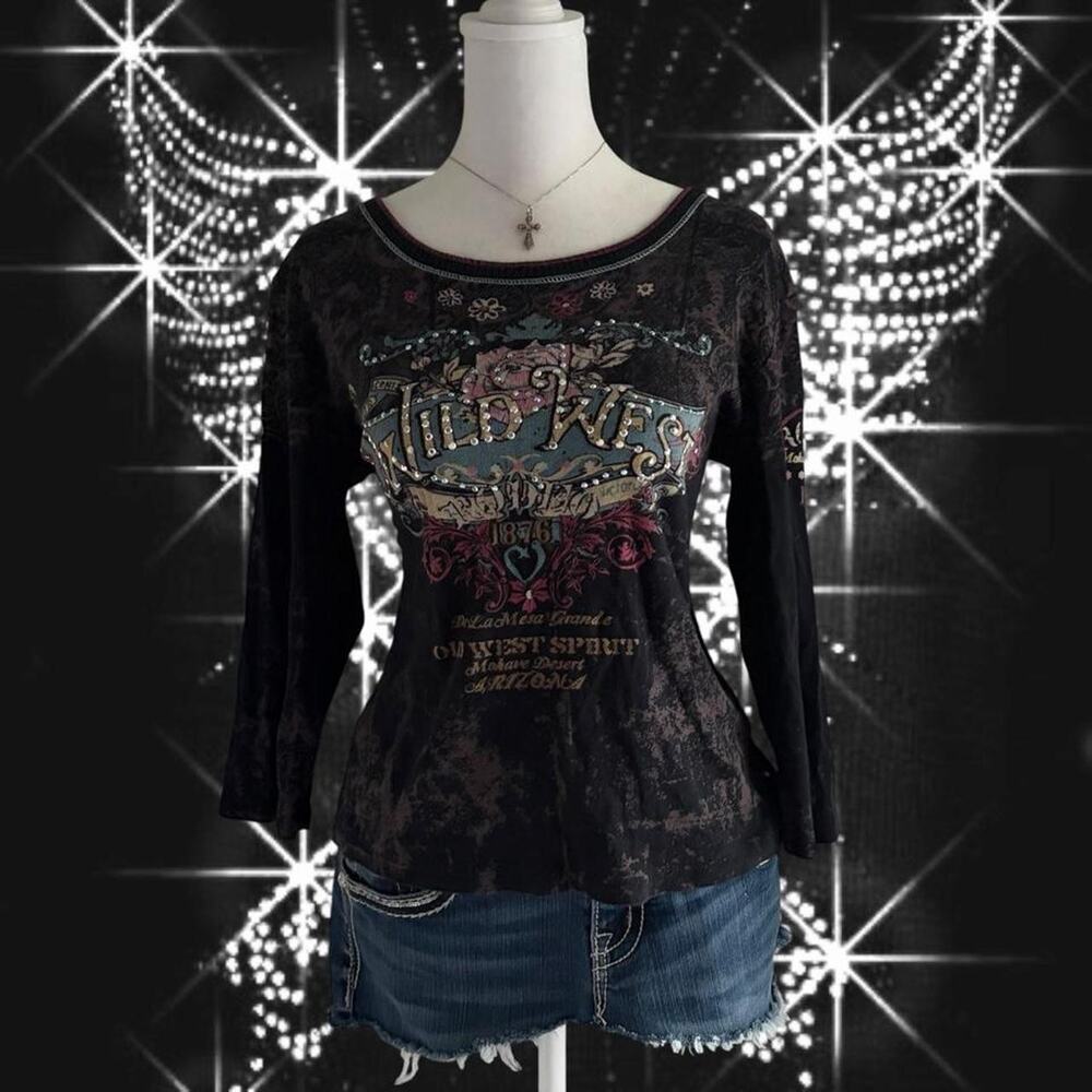 western rockstar top ornate desert graphic embellished top